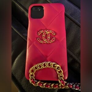 Chanel Fuchsia Quilted Phone Case with mixed metals Chain fits 8plus or similar